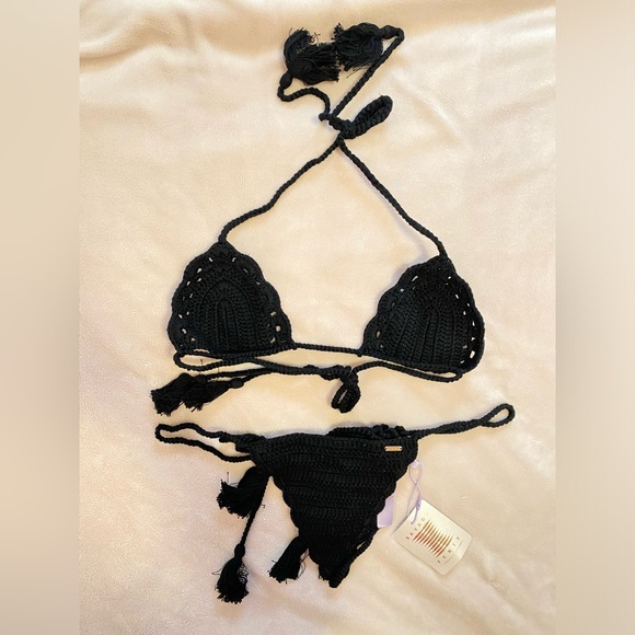 Savage X Fenty Black Crochet Bikini Style Top And Thong Set - Picture 5 of 6